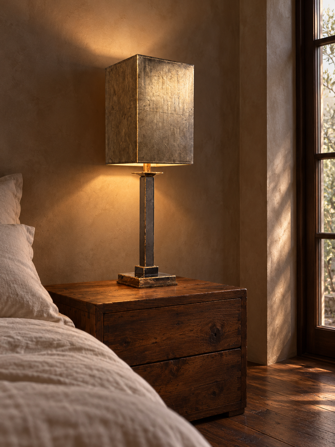 Mirrored column table lamp illuminated beside a bed in a plaster room
