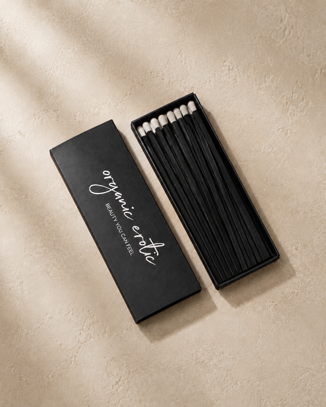 Organic Erotic matchbox — black matches with white tips
