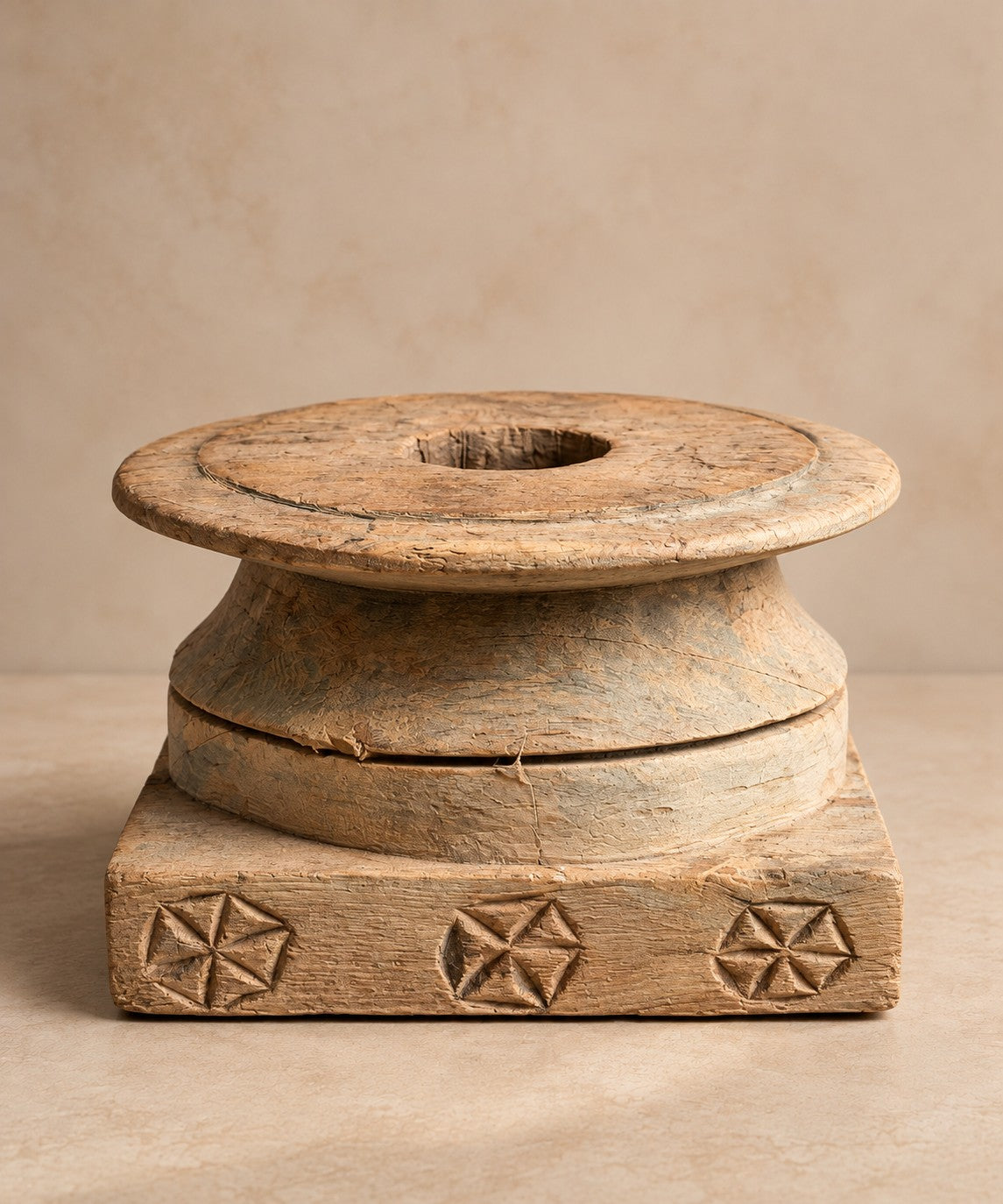 Carved wood spool base with star-carved plinth, Organic Erotic