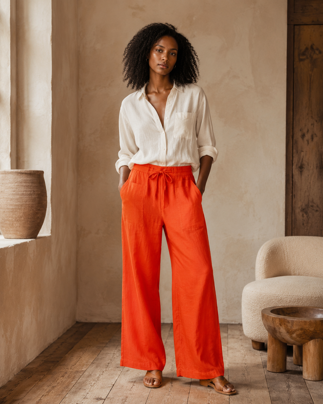 Orange linen drawstring pants on model