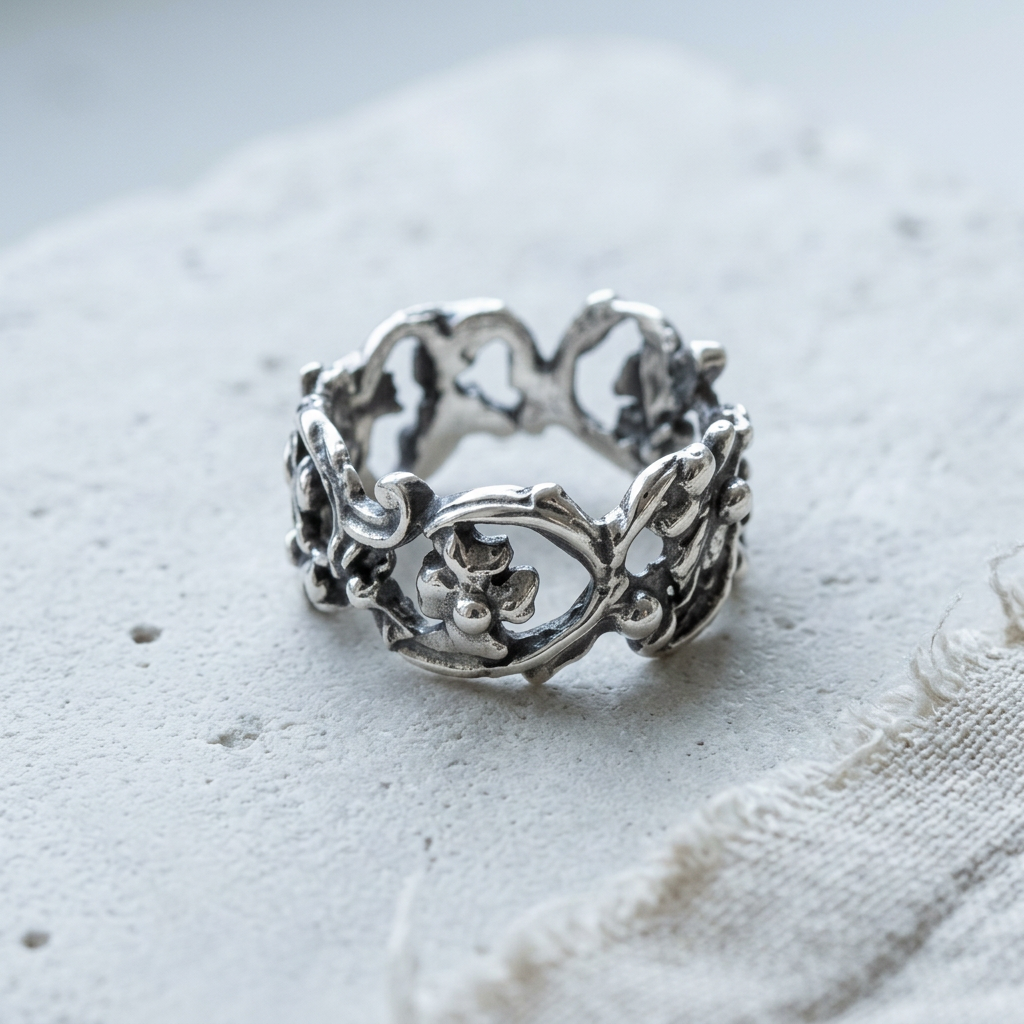 Wide pierced sterling silver floral openwork band ring on pale stone