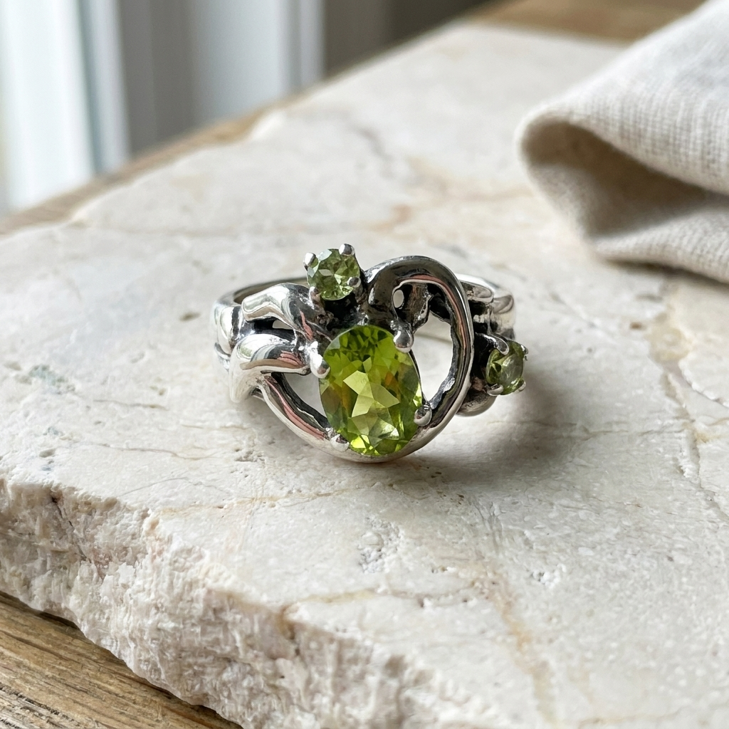 Sterling silver ring with a large oval peridot and two small peridot accents, lying flat on pale limestone