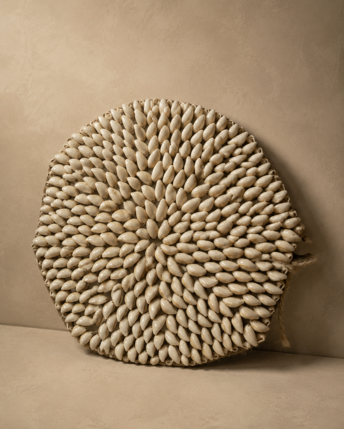 Round Shell Mat, circular mat covered in natural cowrie shells in a radiating pattern