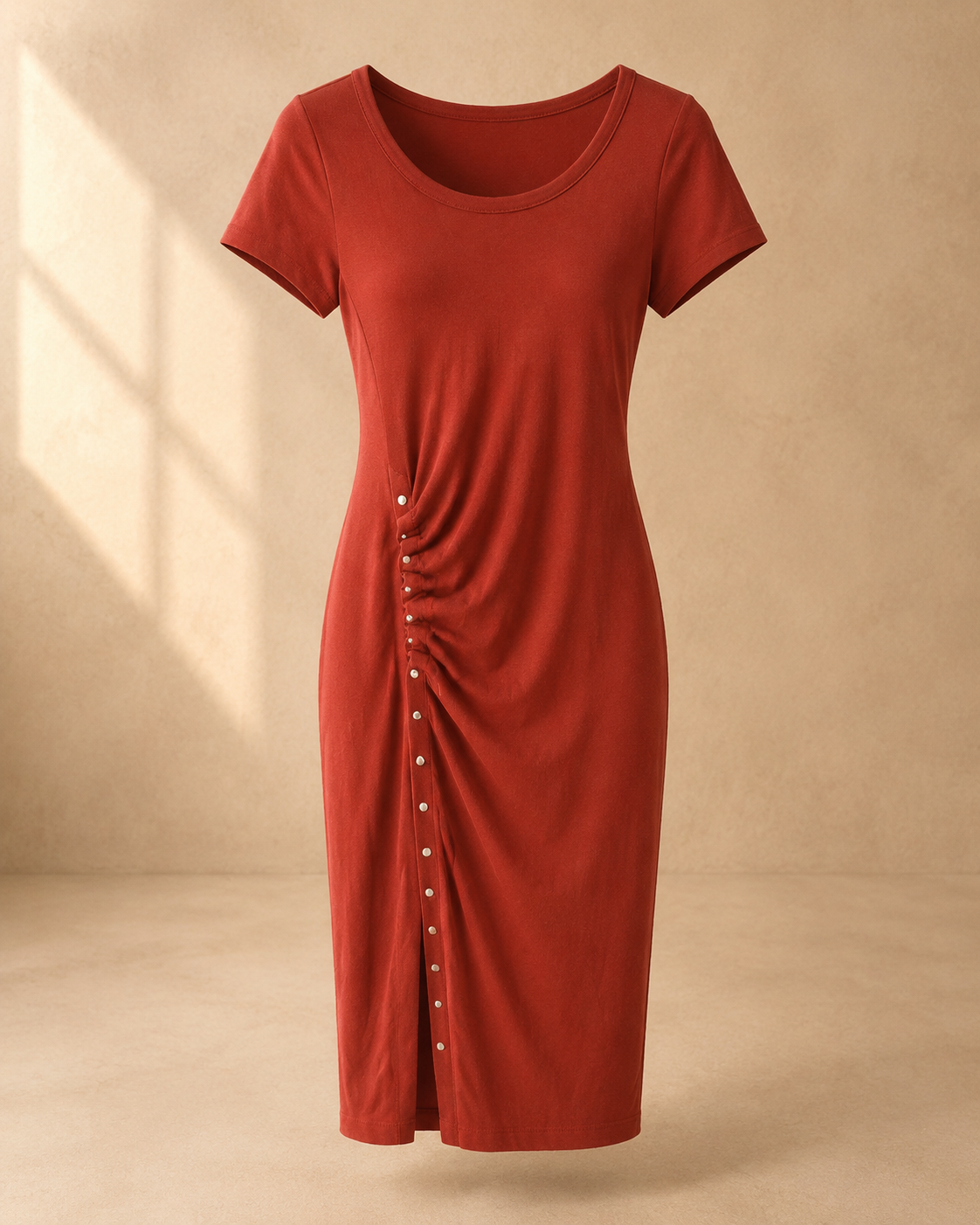 Rust ruched midi dress
