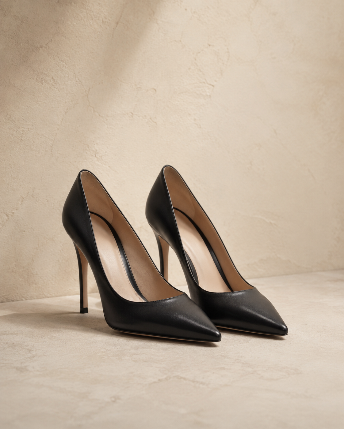 Gianvito Rossi Black Pumps, sleek pointed-toe black leather stilettos with nude lining