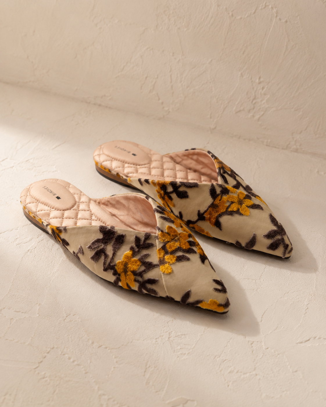 Birdies Floral Pointed Mules, embroidered floral velvet uppers with quilted blush footbeds