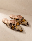 Birdies Floral Pointed Mules, embroidered floral velvet uppers with quilted blush footbeds