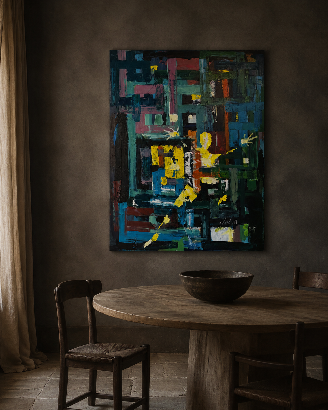 Doba Afolabi, The Scream in My Neighborhood: Ode to Ed Munch, dark teal and navy cityscape with yellow figures, hung above a round dining table in a dark plaster room