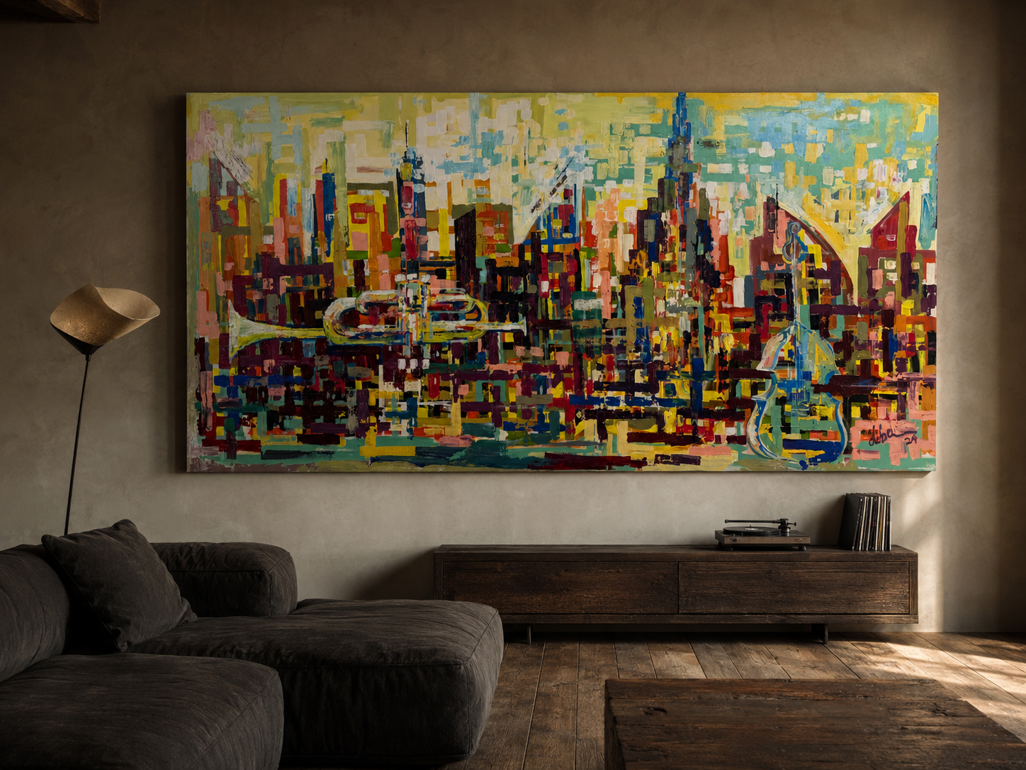 Doba Afolabi, Urban Symphonies, nine-foot cityscape with a trumpet and upright bass under a gold sky, hung above a low sideboard in a warm plaster living room