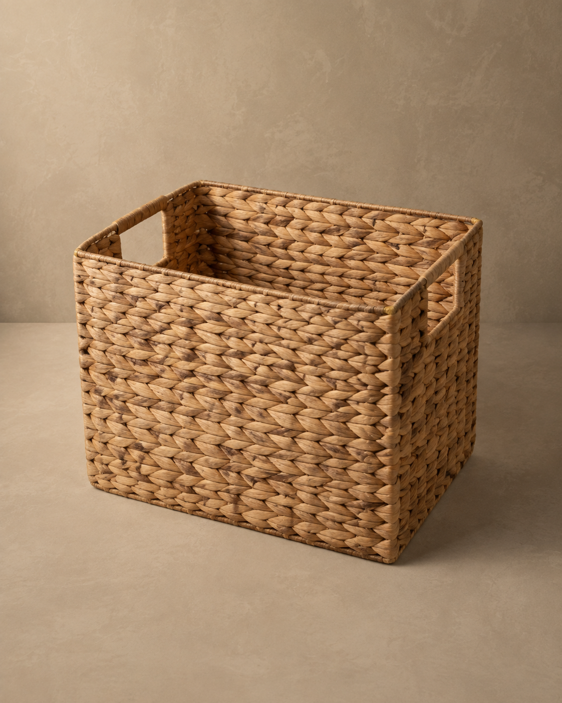 Water Hyacinth Rectangular Basket, tightly woven natural fiber storage basket with cutout handles