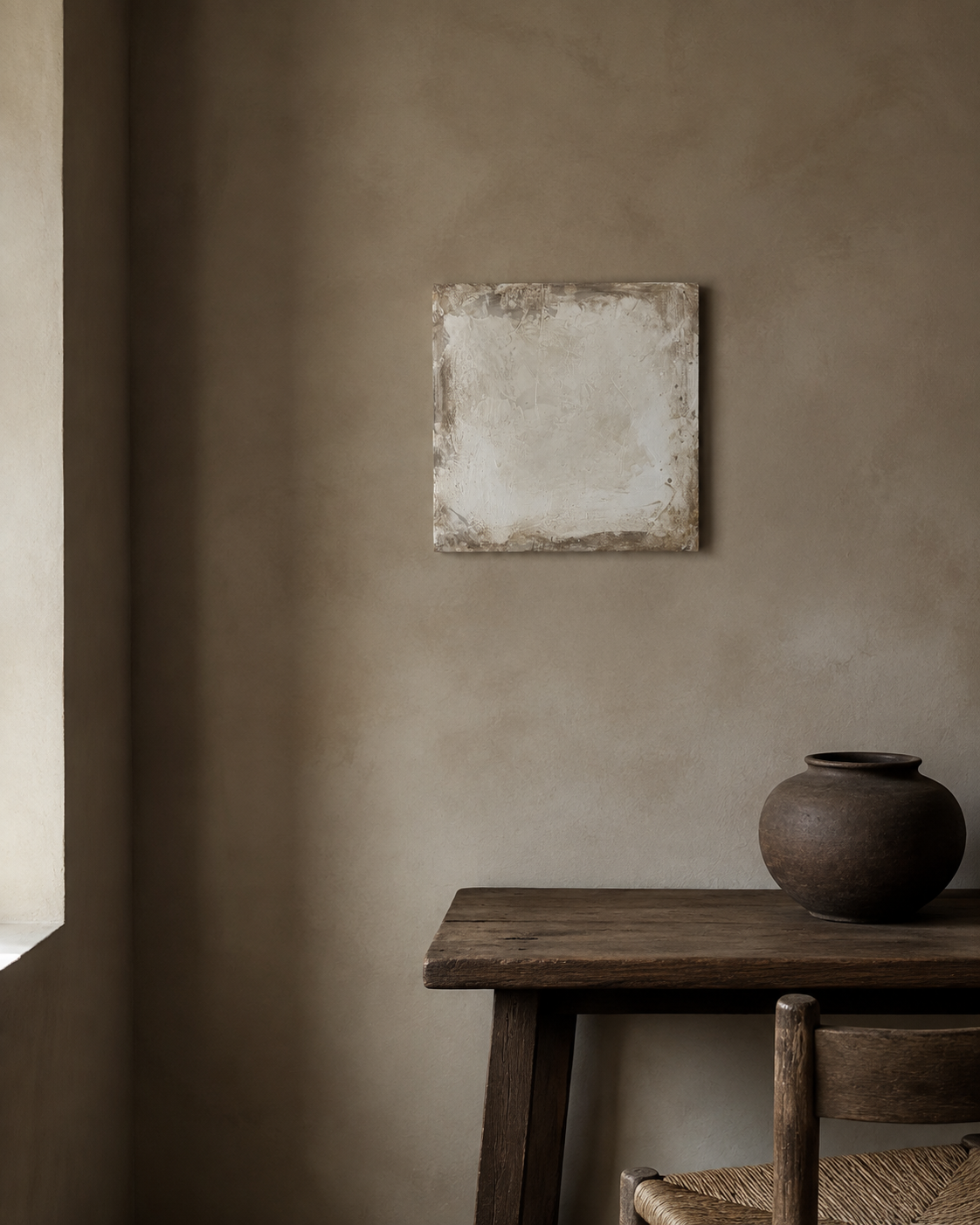 White Textural Painting with Beige Rim